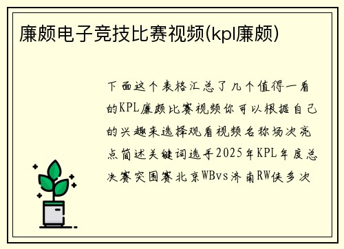 廉颇电子竞技比赛视频(kpl廉颇)