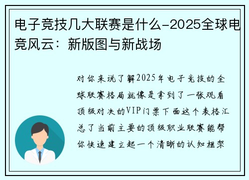 电子竞技几大联赛是什么-2025全球电竞风云：新版图与新战场